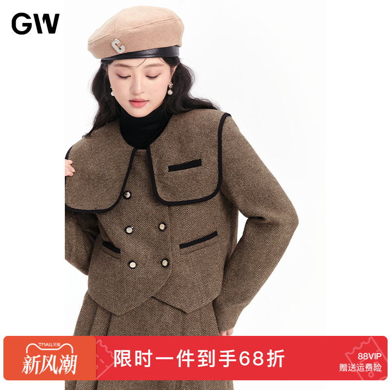GW大码女装高级感绵羊毛娃娃领短外套短裙2025秋季新款微胖mm显瘦