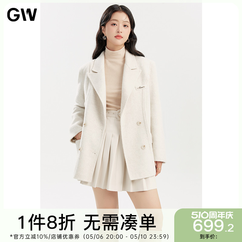 GW大码女装气质经典翻领显瘦绵羊毛呢大衣2024春冬新款微胖mm外套