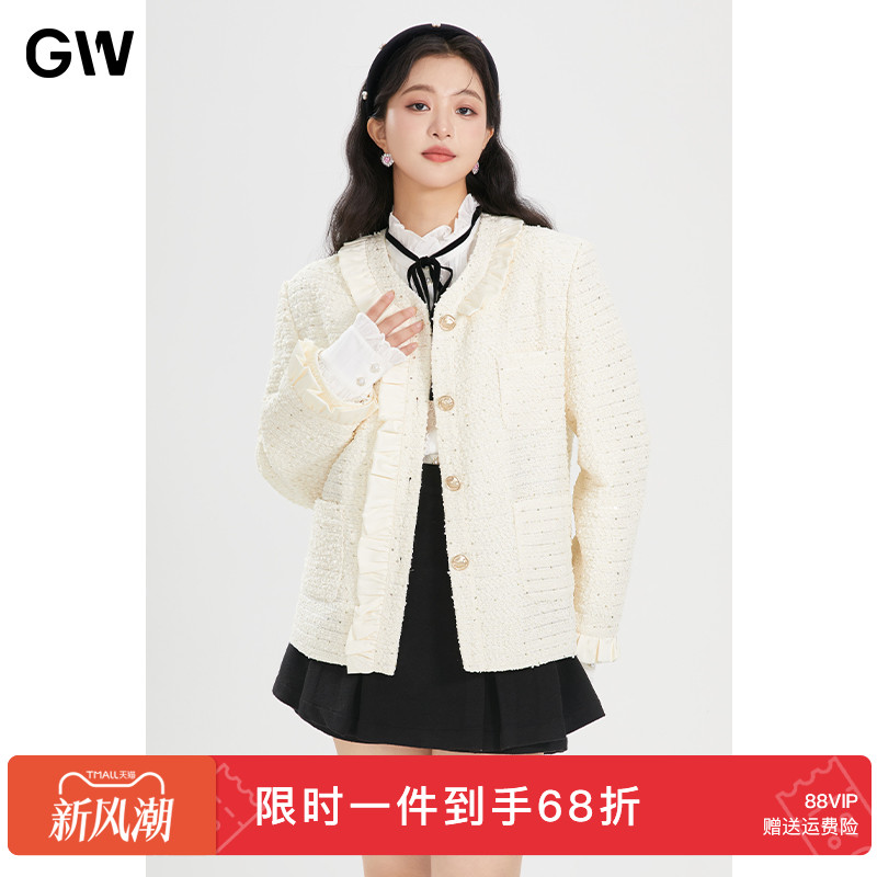 GW大码女装小香风花边领气质减龄正肩外套2025秋季新款微胖mm上衣