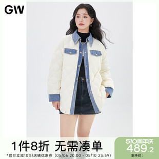 GW大码 微胖mm 90白鸭绒牛仔拼接设计感轻薄羽绒服2024春冬新款 女装