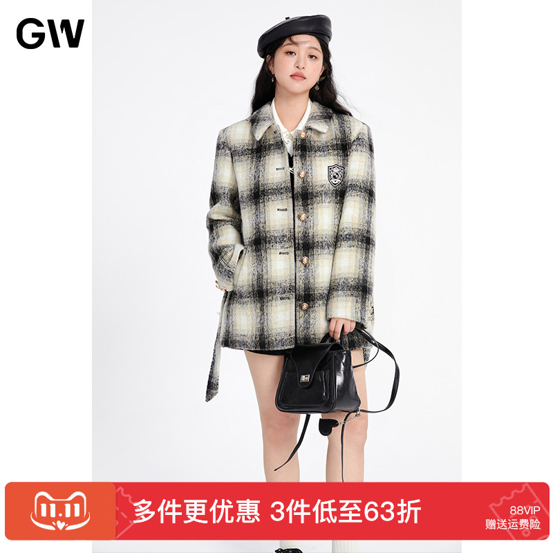 GW大码女装学院风正肩腰带格子中长款毛呢外套2025冬季新款微胖mm
