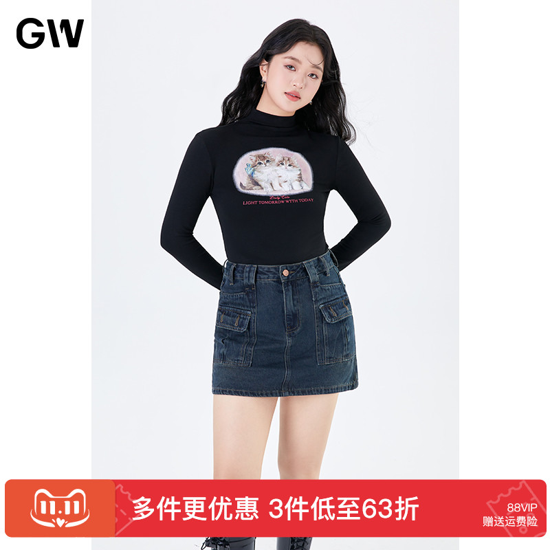 GW大码女装猫咪图案修身性感百搭针织衫打底2025秋季新款微胖mm女