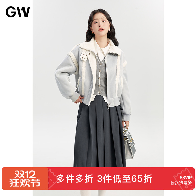 GW大码女装俏皮拼接毛领羊羔绒外套2025秋冬新款微胖mm显瘦上衣女