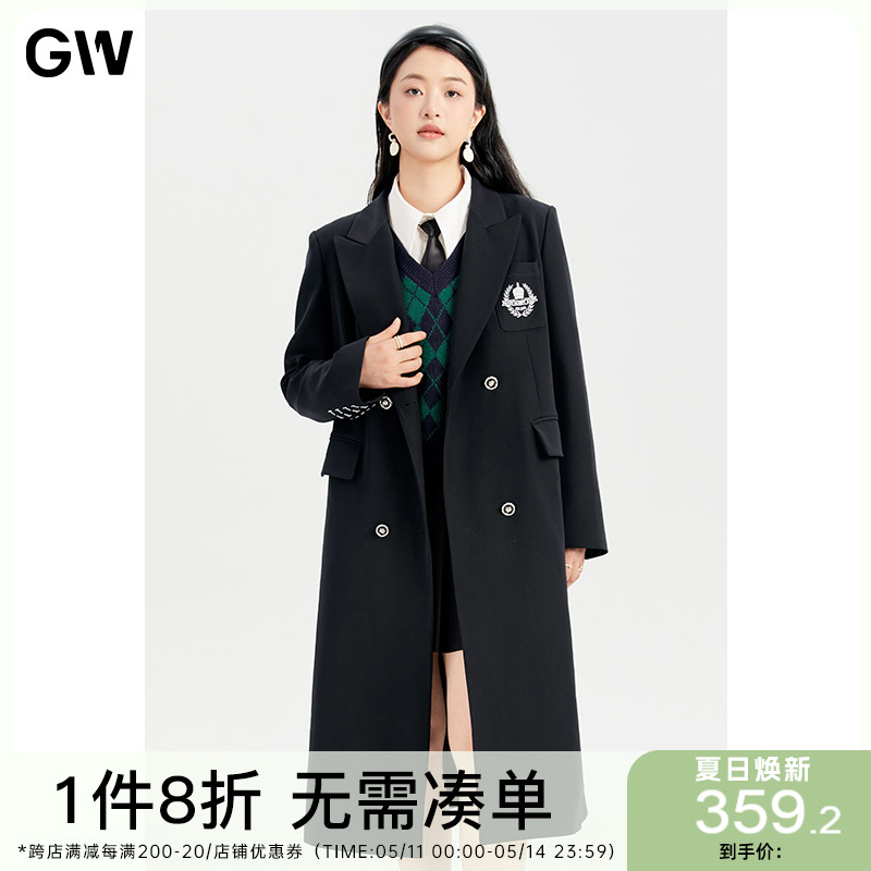 GW大码女装学院风刺绣徽章长款西装风衣2024春新款梨型微胖mm大衣-封面