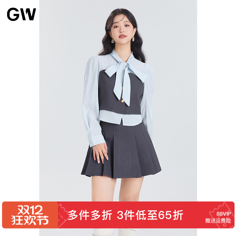 GW大码女装蝴蝶结飘带衬衫假两件上衣短裙套装2025秋季新款微胖mm