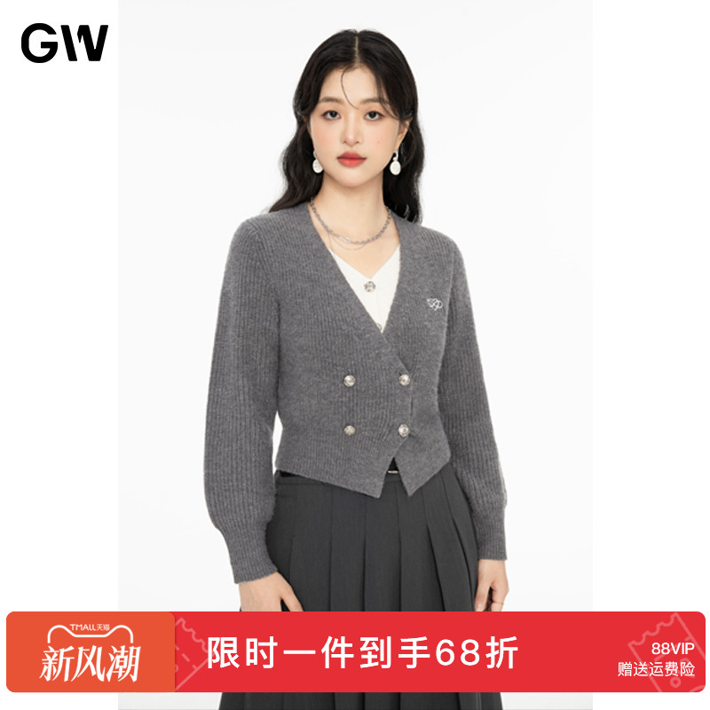 GW大码女装甜美气质V领假两件针织衫2025秋季新款微胖mm显瘦上衣