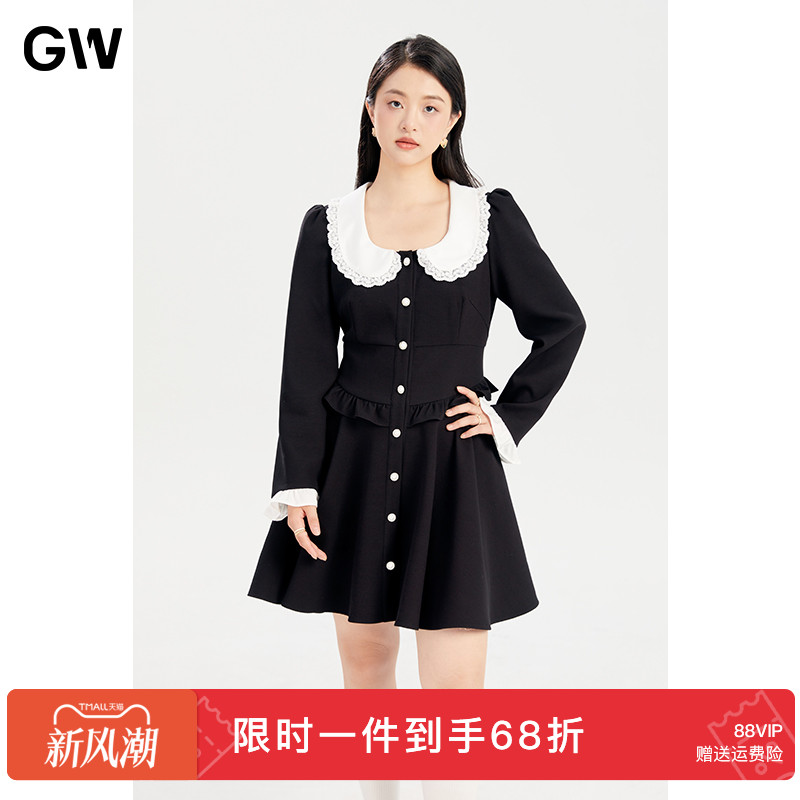 GW大码女装复古甜美气质蕾丝花边娃娃领连衣裙2025秋季新款微胖mm