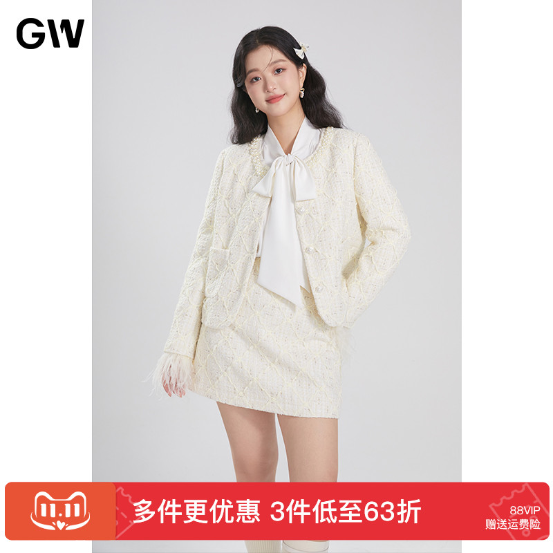 GW大码女装小香风珍珠羽毛减龄夹棉时尚套装2025冬季新款微胖mm女