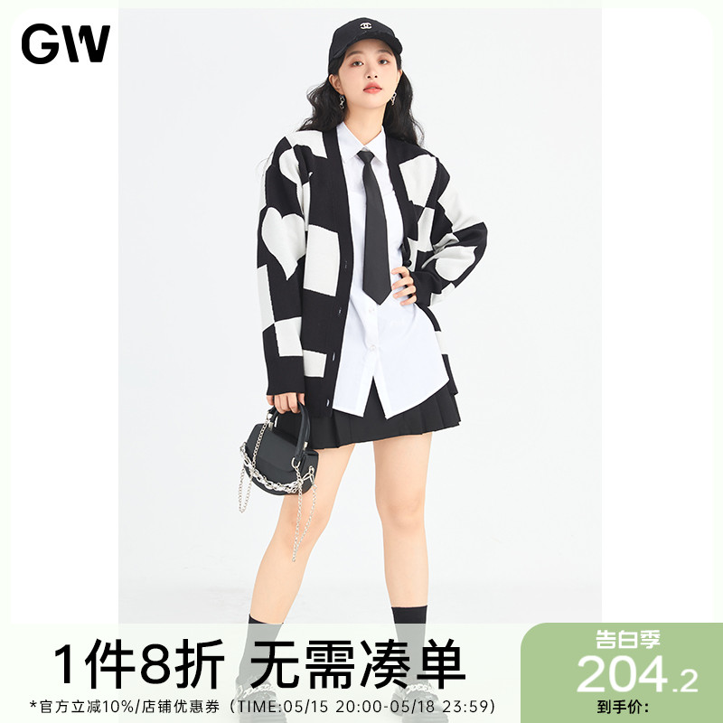 GW大码慵懒风菱格爱心针织开衫2022春季新款胖mm复古设计感毛衣女