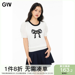 女装 泡泡袖 蝴蝶结白色针织短袖 微胖mm上衣T恤 GW大码 2024夏季 新款