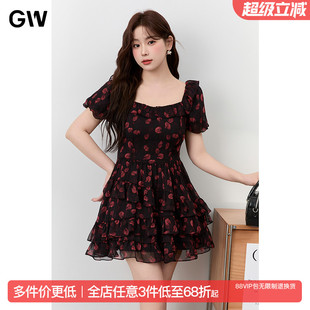 復(fù)古印花連衣裙女2025夏季 GW大碼 法式 新款 女裝 微胖mm顯瘦雪紡裙子