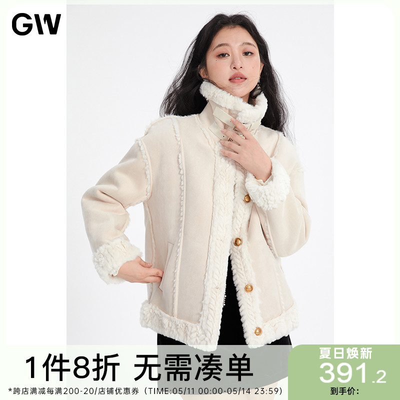 GW大码女装羊羔绒皮毛一体皮扣外套2024冬季新款微胖mm机车棉服女