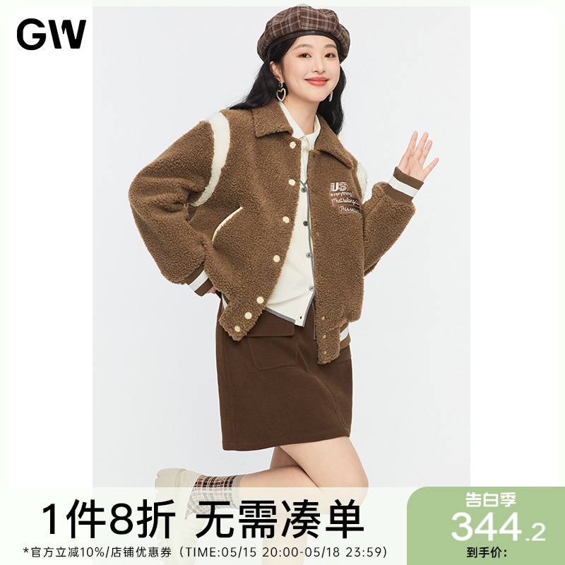 GW大码女装方领毛呢外套2022冬季新款微胖mm棒球服泰迪熊皮草大衣