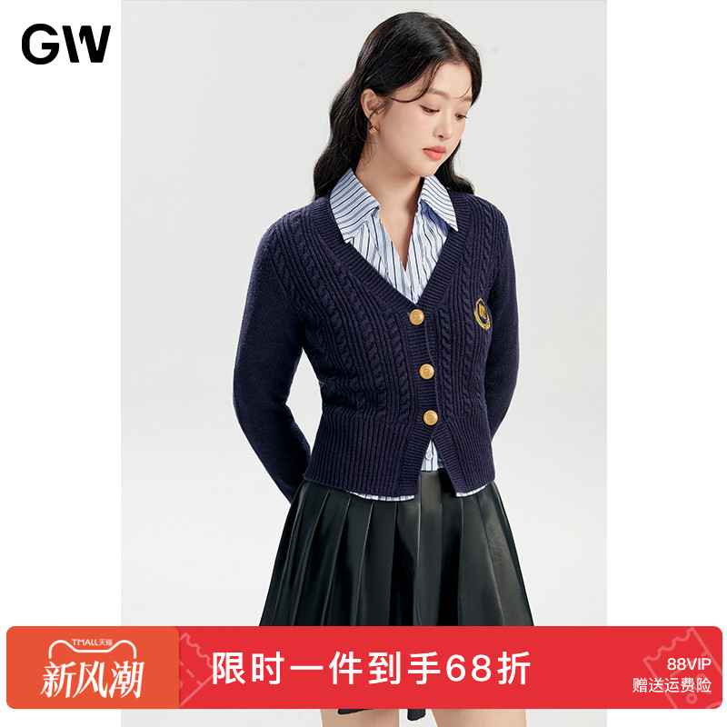GW大码女装减龄修身学院风针织开衫2025秋季新款微胖mm上衣毛衣女