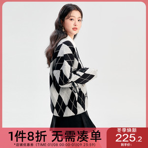 GW大码女装学院风菱格显瘦蝴蝶结V领针织衫2023秋冬新款微胖mm女