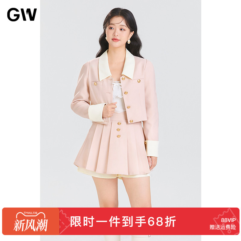 GW大码女装气质减龄显瘦短外套百褶裙裤套装2025秋季新款微胖mm女