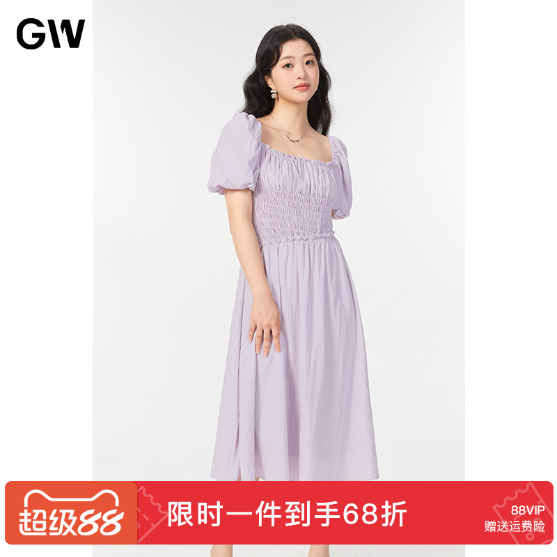 GW大码女装法式方领碎褶泡泡袖高腰A字连衣裙2025夏季新款微胖mm