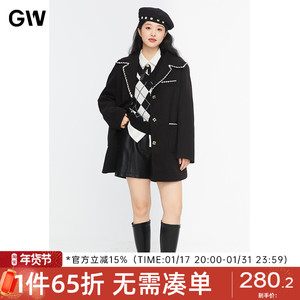 GW大码女装韩系高级感黑色毛呢外套2023秋冬新款微胖mm遮肚子大衣