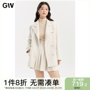 翻领显瘦绵羊毛呢大衣2024春冬新款 GW大码 女装 气质经典 微胖mm外套