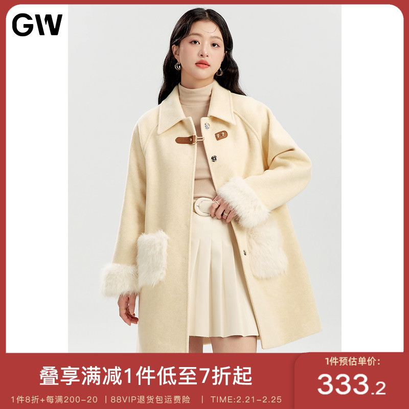 GW大码女装设计感翻领毛绒口袋袖口毛呢外套2024秋冬新款微胖mm女