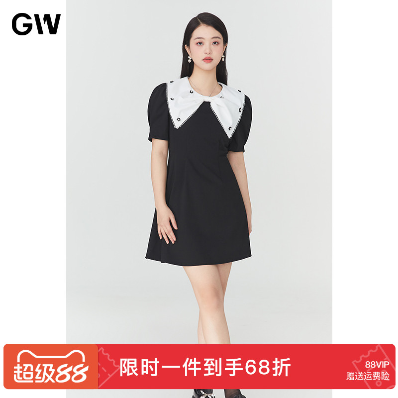 GW大码女装赫本风大翻领连衣裙2025夏季新款微胖mm气质显瘦裙子女