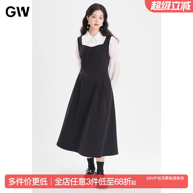 GW大码女装气质收腰显瘦长款衬衫假两件连衣裙2025秋季新款微胖mm