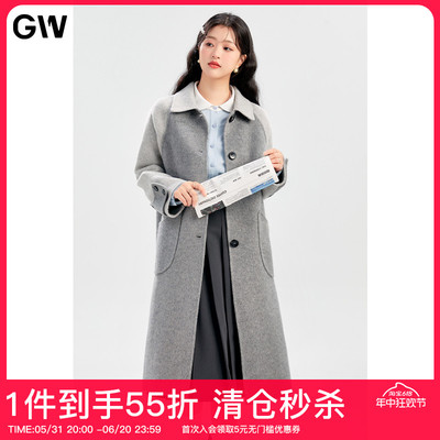 GW大码女装直筒拼接显瘦灰色风衣版型毛呢大衣2024春季新款微胖mm