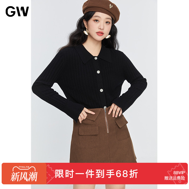 GW大码简约polo领针织羊绒开衫2025秋冬新款胖mm百搭羊毛衫上衣女