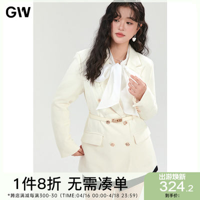 GW大码女装气质系带收腰西装外套2024春季新款微胖mm显瘦上衣女