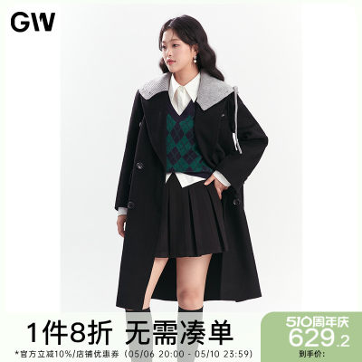 GW大码女装可拆卸帽衫绵羊毛经典黑色呢大衣2024春冬新款微胖mm女