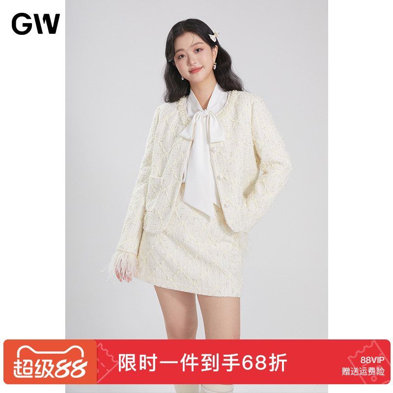 GW大码女装小香风珍珠羽毛减龄夹棉时尚套装2025冬季新款微胖mm女