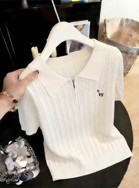 正品哥家新2026夏季甜美斑马刺绣Polo领拉链短袖针织衫女t恤衫