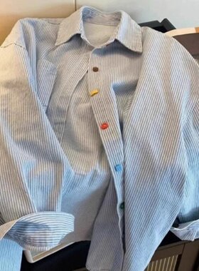 正品哥家新2026春秋韩版复古条纹衬衫宽松彩色扣子通勤衬衣外套