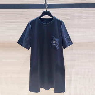 纯色口袋中长款 正品 休闲宽松圆领短袖 2025夏季 连衣裙 哥家新女装