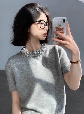 正品哥家新2026春秋季miu系镶钻羊毛针织短袖千金感灰色上衣女