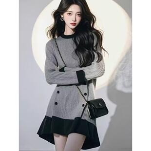 正品哥家新2025秋新款拼色圆领针织连衣裙千金感穿搭拼接修身裙