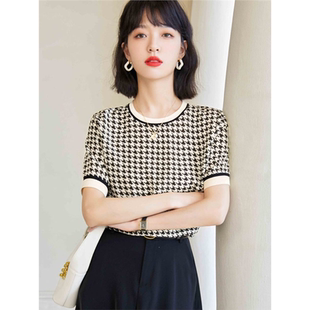 气质千鸟格圆领短袖 正品 法式 2025春夏新款 减龄T恤上衣 哥家新女装
