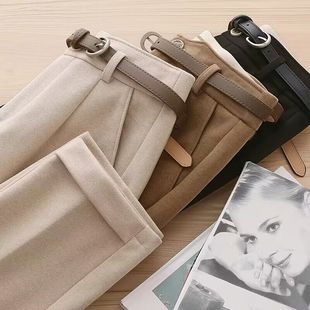 正品哥家新新款2025春秋磨毛高腰休闲西装毛呢裤九分女烟管裤