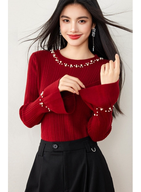 正品哥家新2025秋季红色针织衫女加厚宽松套头百搭修身钉珠毛衣