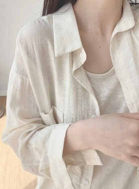 正品哥家新2026春秋季薄款天丝棉麻衬衫高级感杏色防晒长袖衬衫