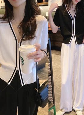 正品哥家新2025夏季新款设计感双头拉链V领冰丝短袖针织开衫女