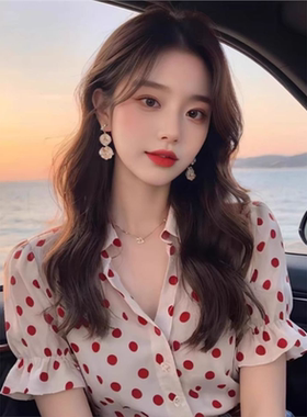 正品哥家新2025夏红色波点泡泡袖短袖衬衫女气质减龄小衫上衣潮