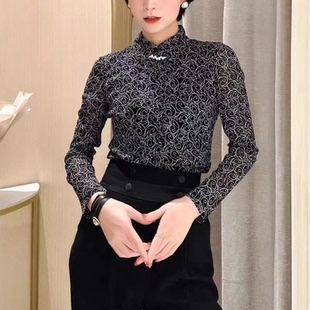 哥家新新款2025春秋休闲气质印花网纱长袖衬衫女双层纱衣