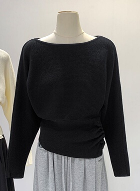 正品哥家新2025秋季法式褶皱收腰设计感长袖针织衫女一字肩毛衣