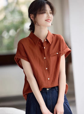 正品哥家新女装2025夏新款松弛肌理感短袖衬衫女红色气质通勤上衣