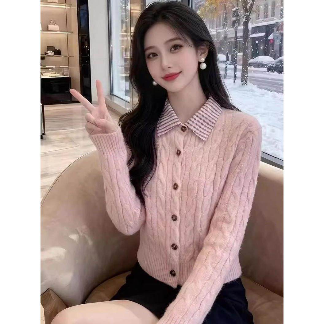 正品哥家新2025秋冬季韩系甜美条纹领羊毛针织衫麻花毛衣开衫女