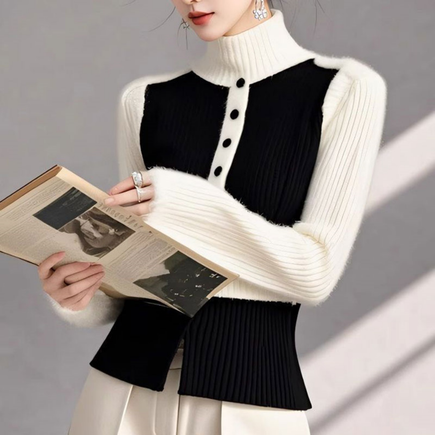 白领哥弟新2025秋冬新款千金感撞色高领修身毛衣长袖软糯针织衫