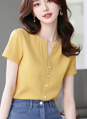 正品哥家新2025夏新款洋气减龄半开V领纽扣上衣显瘦百搭黄色衬衫