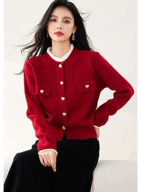 正品哥家新2026秋冬小香风木耳边拼接羊毛针织开衫红色毛衣外套