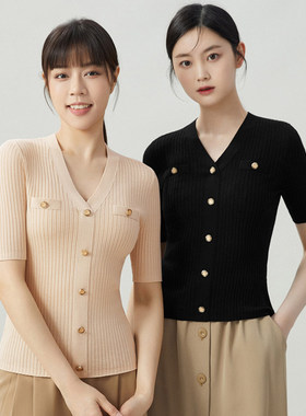 正品哥家新2025夏新款修身V领竖坑条小香风针织衫短袖T恤女上衣